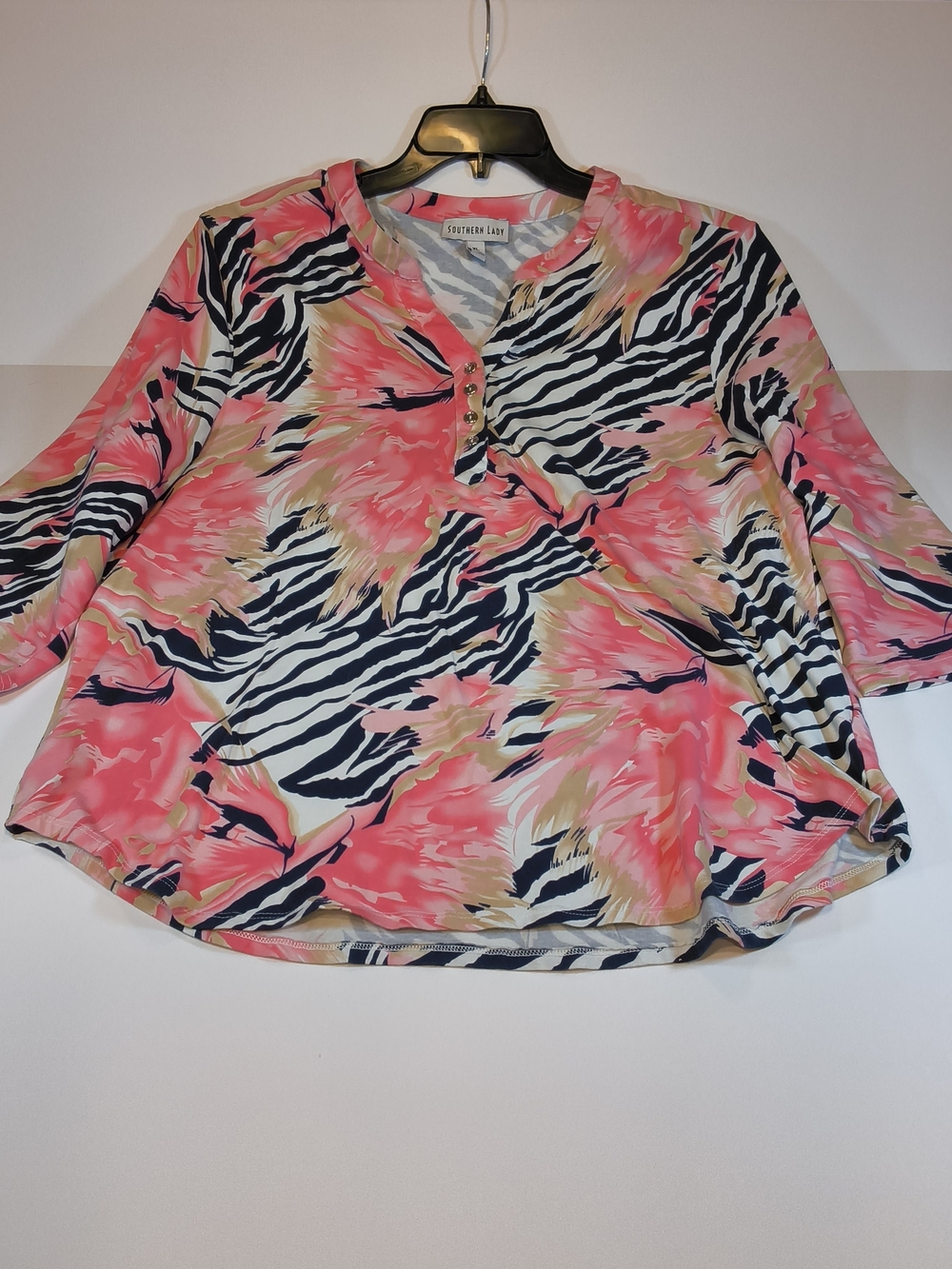 Southern Lady Pink Coral Zebra Floral Henley Tunic Top